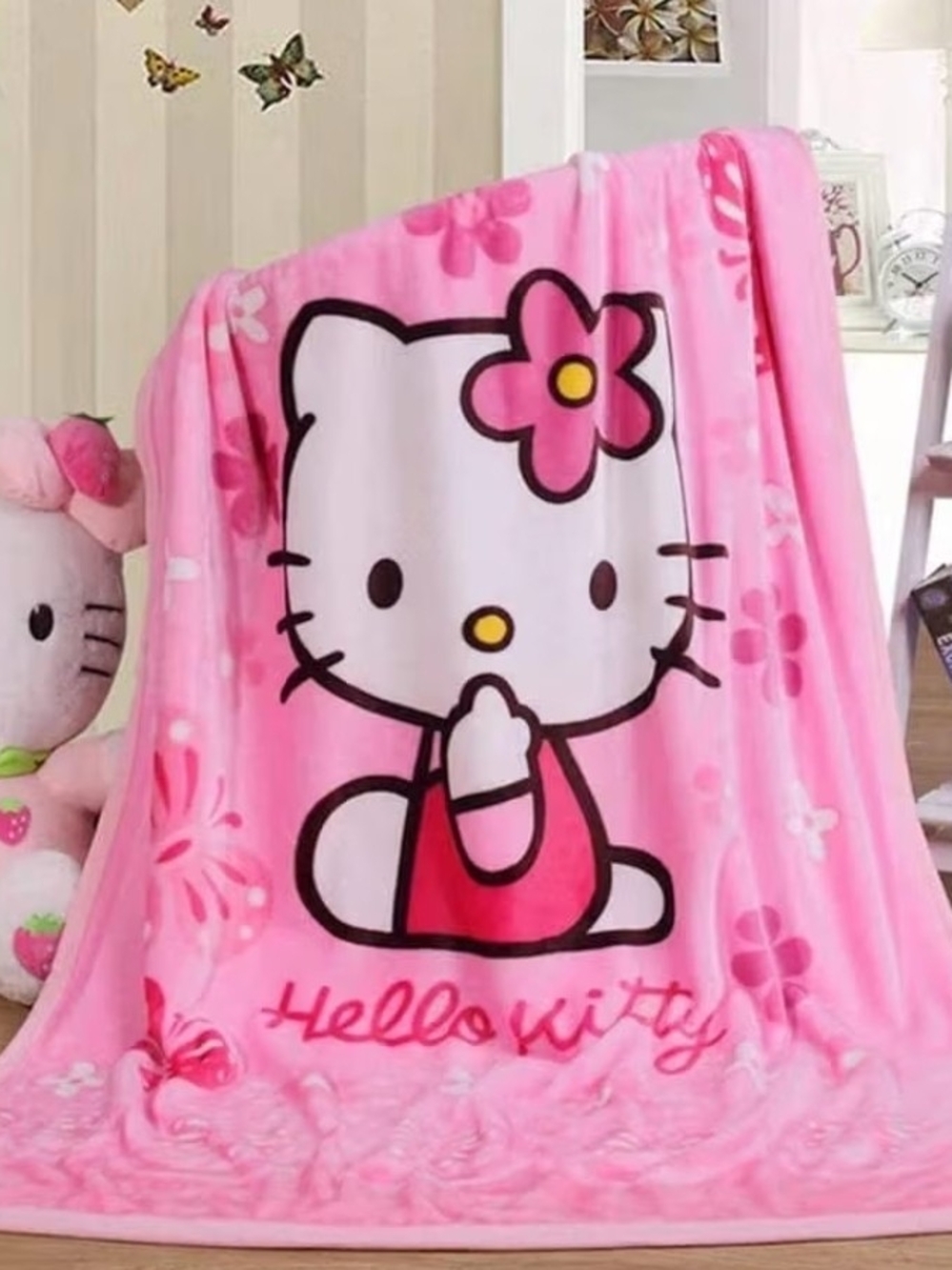 Sanrio Hello Kitty Pink Plush Throw Blanket with Floral Accent